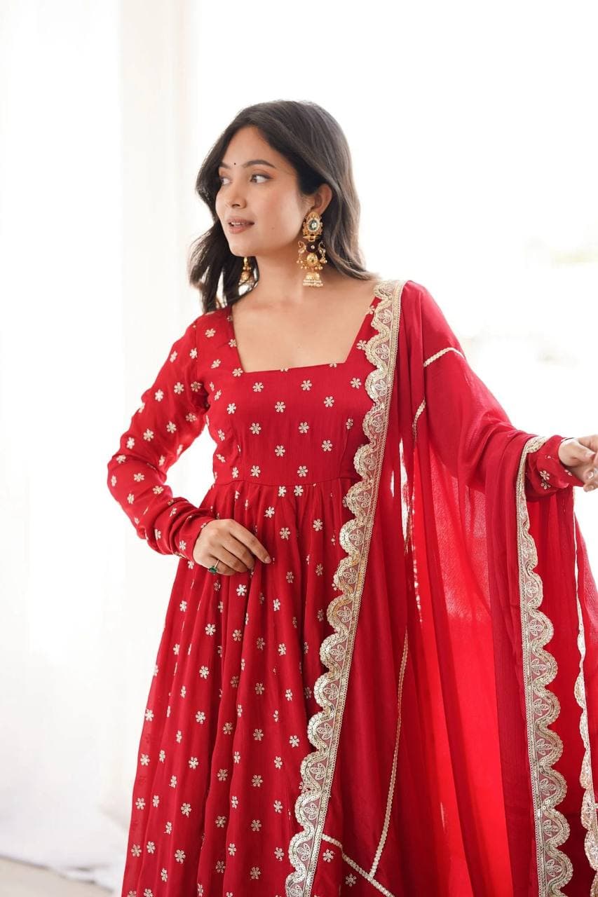 Women's Ruby Red Embroidered Georgette Anarkali Suit Set with Dupatta thumbnail 6