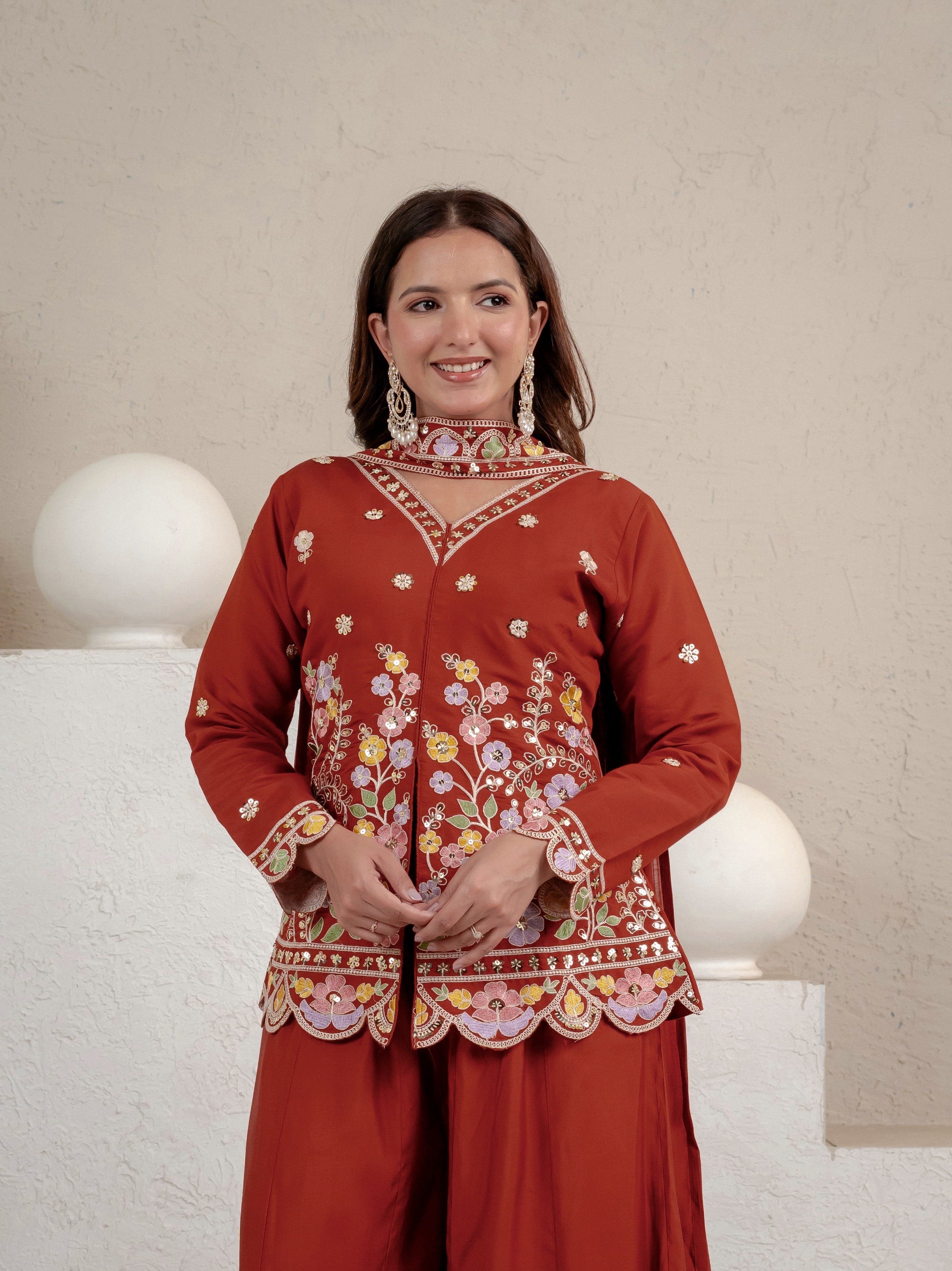 Women's Rust Floral Embroidered Roman Silk Straight Kurti with Palazzo Se thumbnail 4