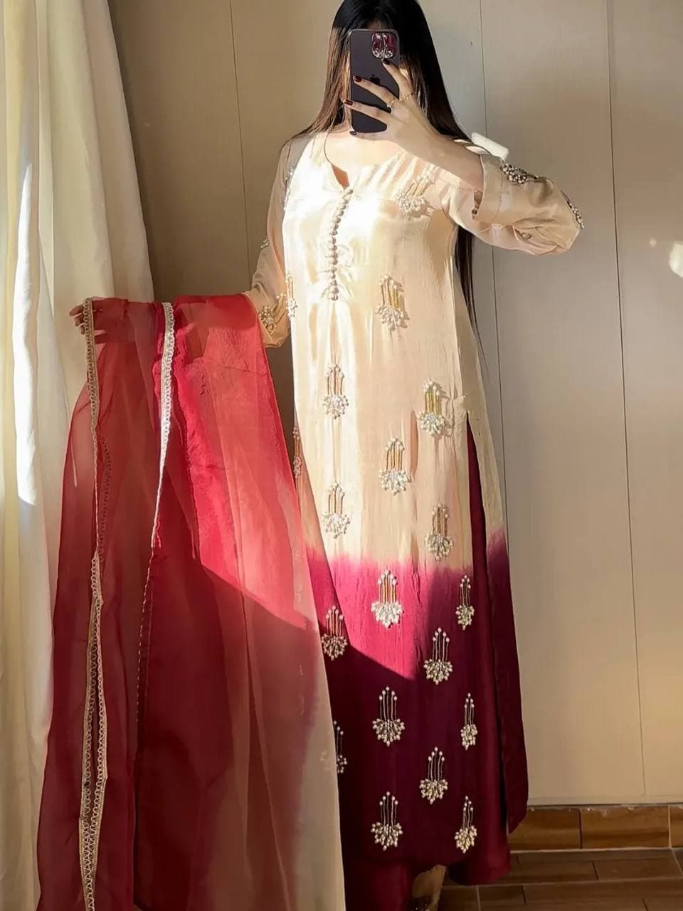 Graceful ethnic look with rich maroon dupatta and classy beige kurta vibes