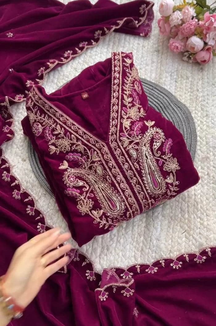 Deep wine Color Pure Velvet Suit For This Winter thumbnail 3