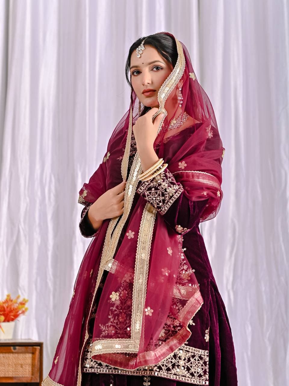 Luxury Maroon Velvet Sharara Set with Exquisite Embroidery thumbnail 3