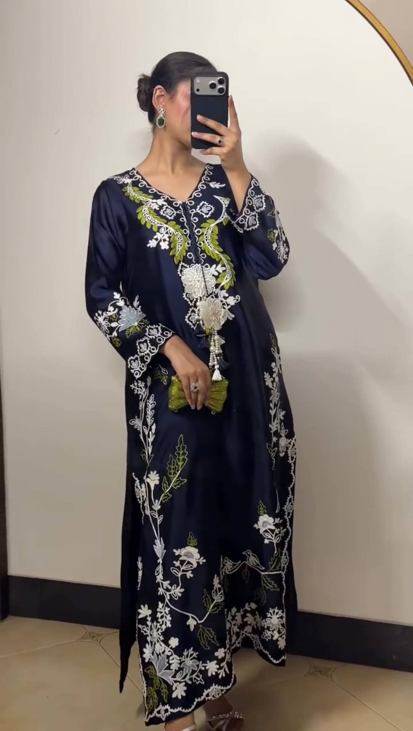 Premium Navy Blue Floral Thread Embroidered Straight Kurta for Women