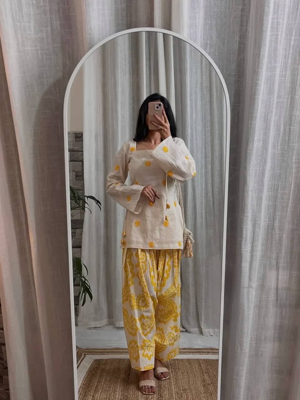 Women's White Sunflower Kurti with Yellow Printed  Farshi Pant Set