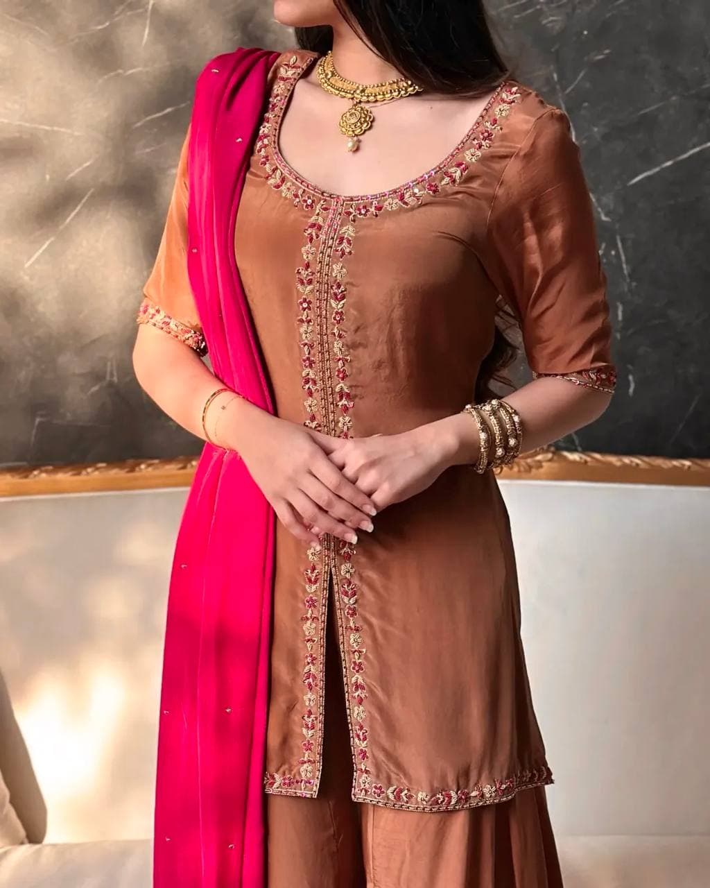 Graceful Brown Party Wear Sharara Set with Contrast Dupatta thumbnail 4