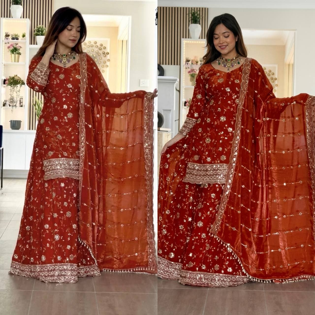 Elegant Red Designer Sharara Suit with Heavy Embroidery Dupatta thumbnail 2