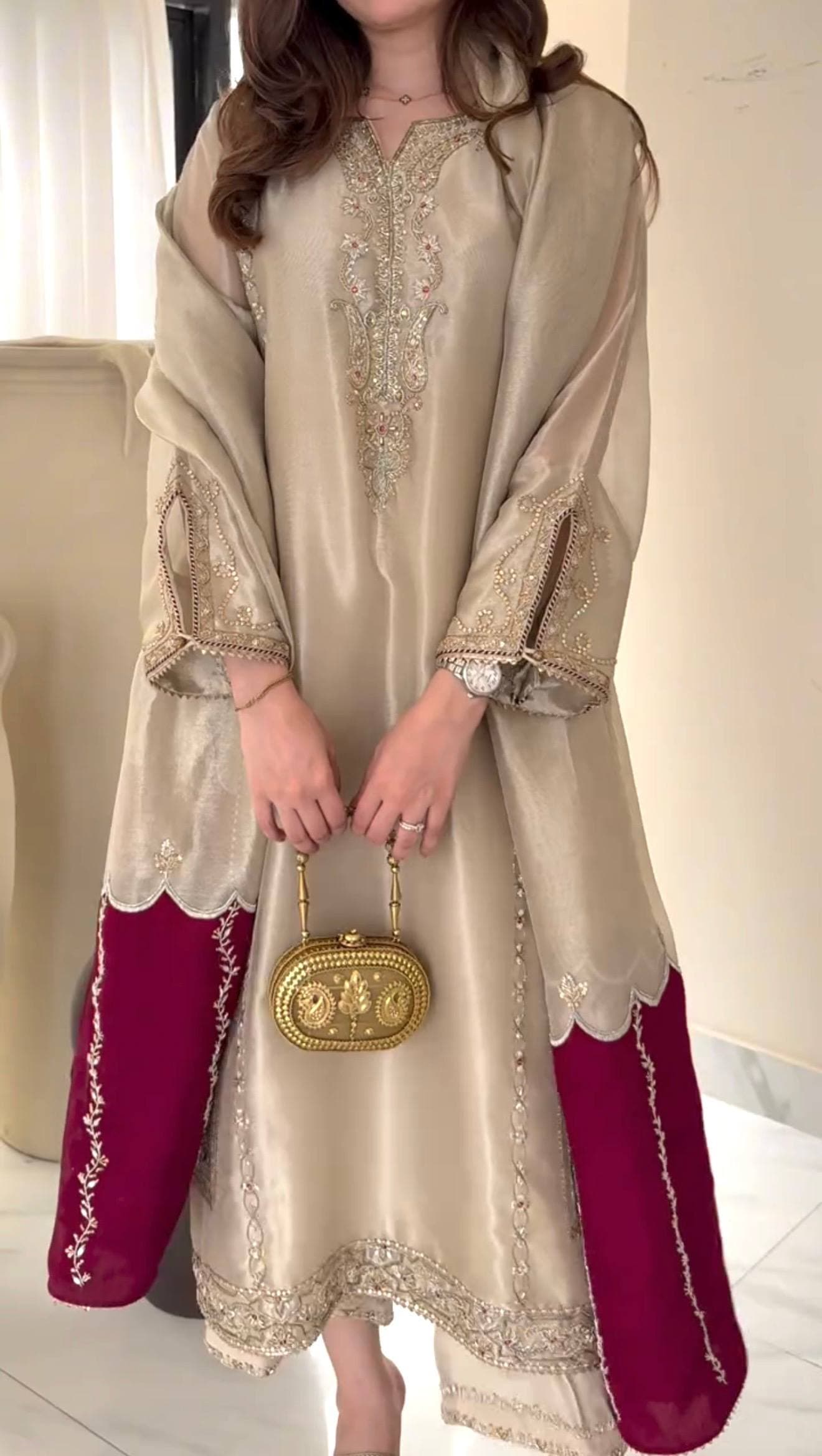 Ivory Embroidered Kurta with Wine Flared Palazzo thumbnail 4