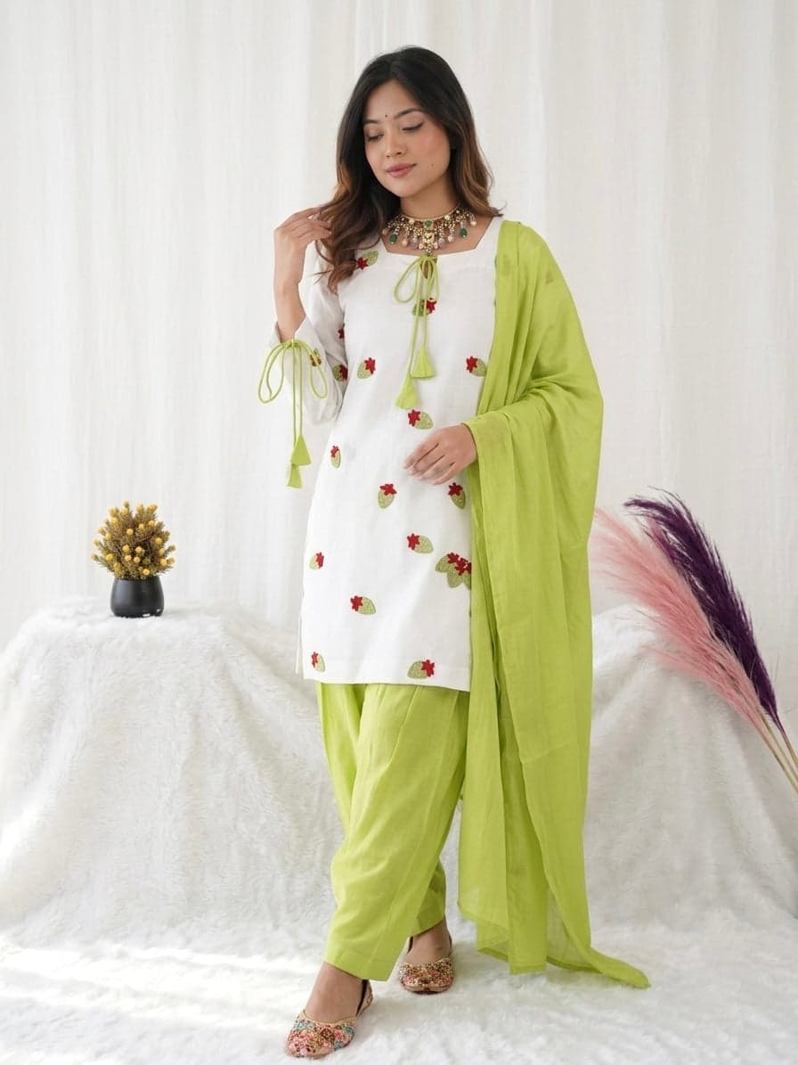 Women's White Embroidered Strawberry Straight Kurta with Lime Green Cotton Pant & Dupatta Set thumbnail 2