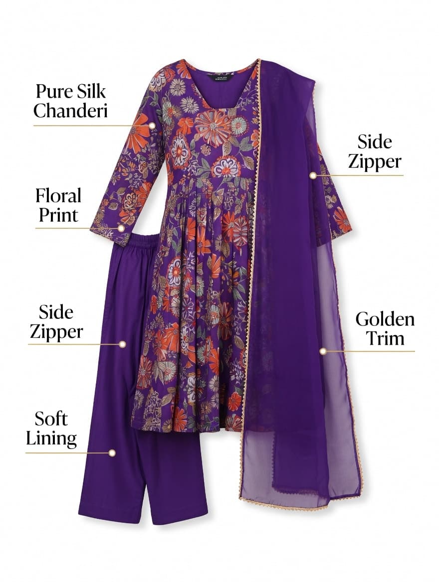 Women's Pure Roman Silk Chanderi Anarkali Kurta Palazzo & Dupatta Set thumbnail 2