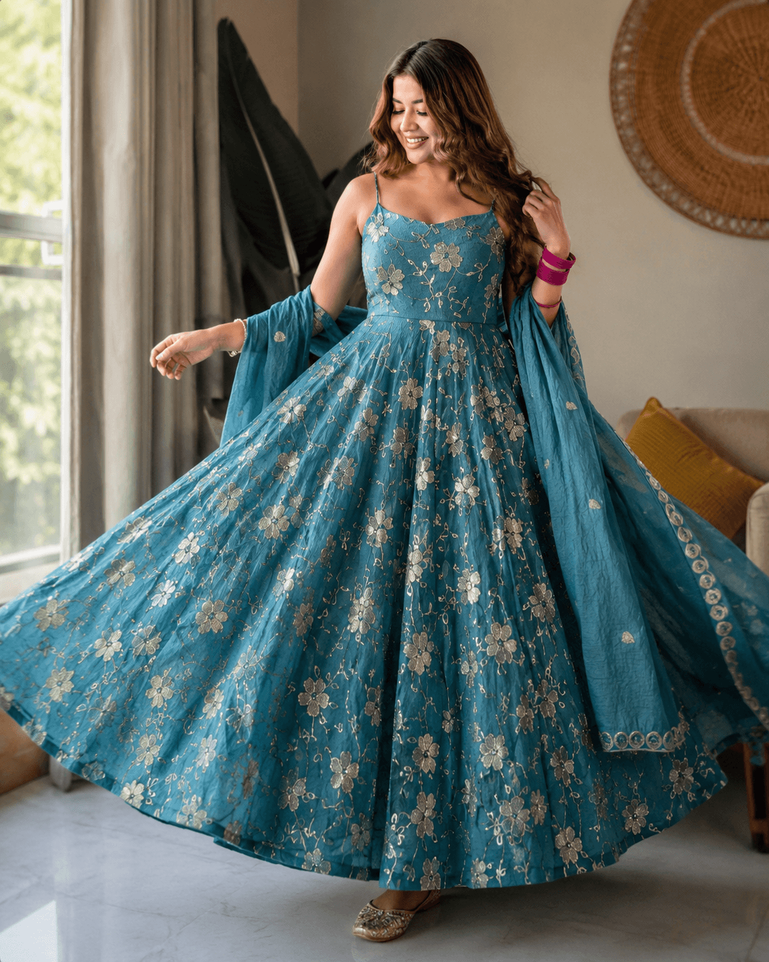 Twirling Through Dreams in a Floral Blue Dress Like Pure Magic Today