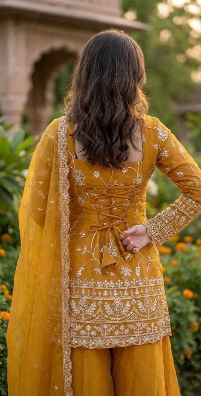 Elegant Mustard Yellow Embroidered Suit Set with Dupatta thumbnail 5