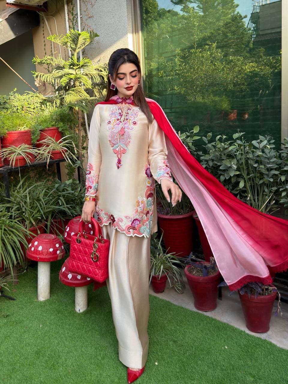 Women's Ivory Designer Embroidered Kurta Farshi Set with Pink Dupatta thumbnail 3