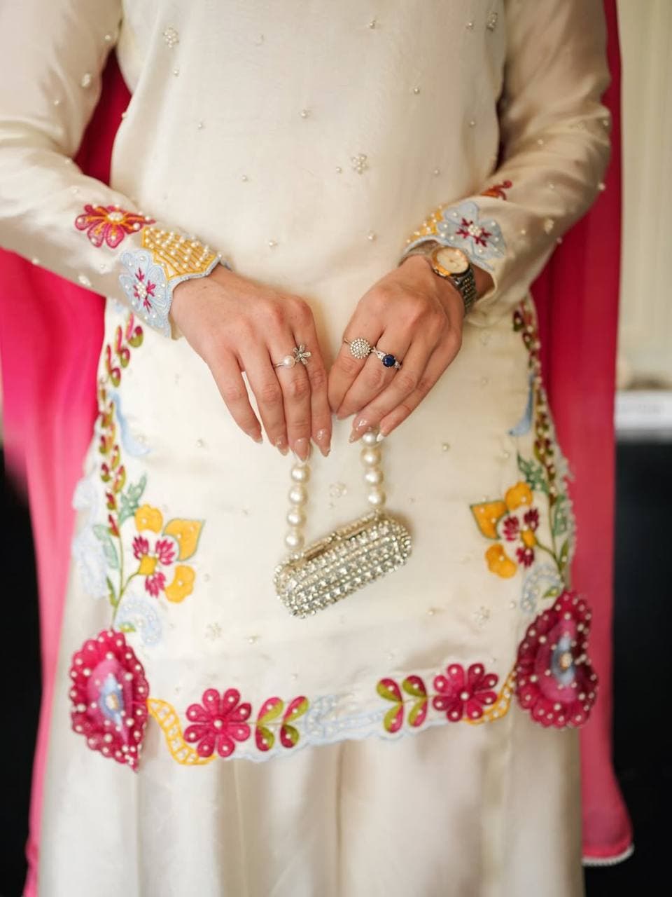 Luxury Ivory Floral Embroidered Kurti Palazzo Set with Pink Dupatta thumbnail 3