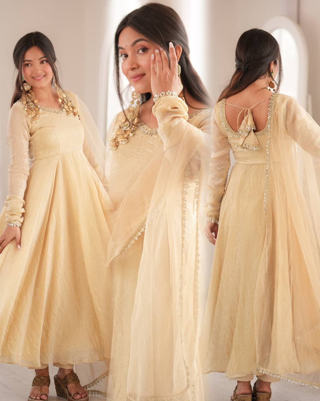 Designer Ivory Anarkali Gown Neck & Dupatta