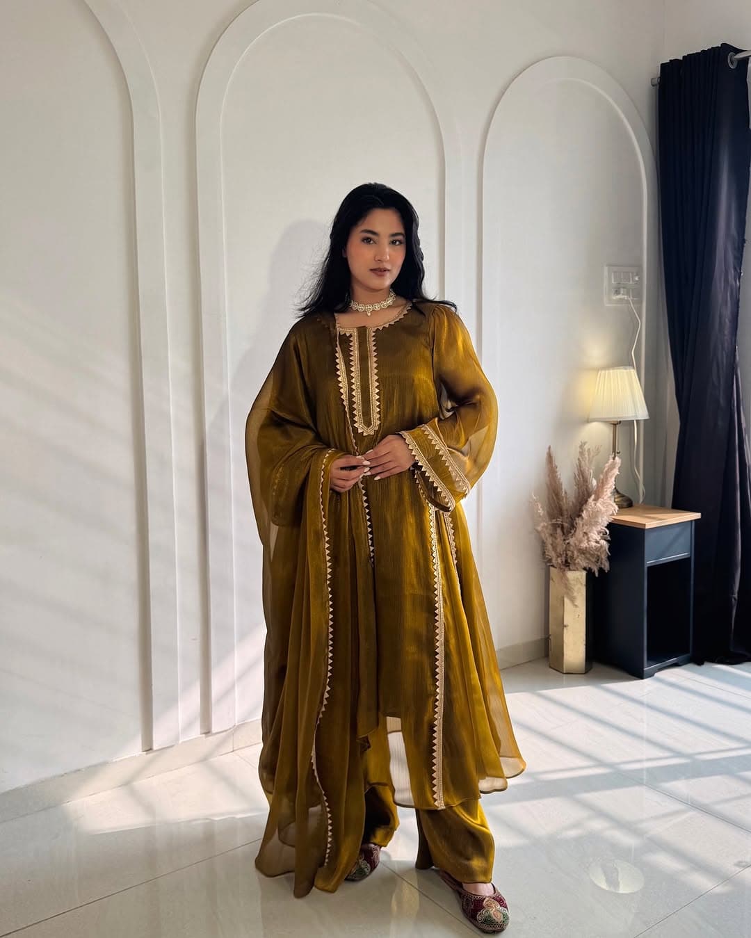Mustard Organza Kurta Set with Embroidered Neckline & Dupatta – Elegant Festive Wear