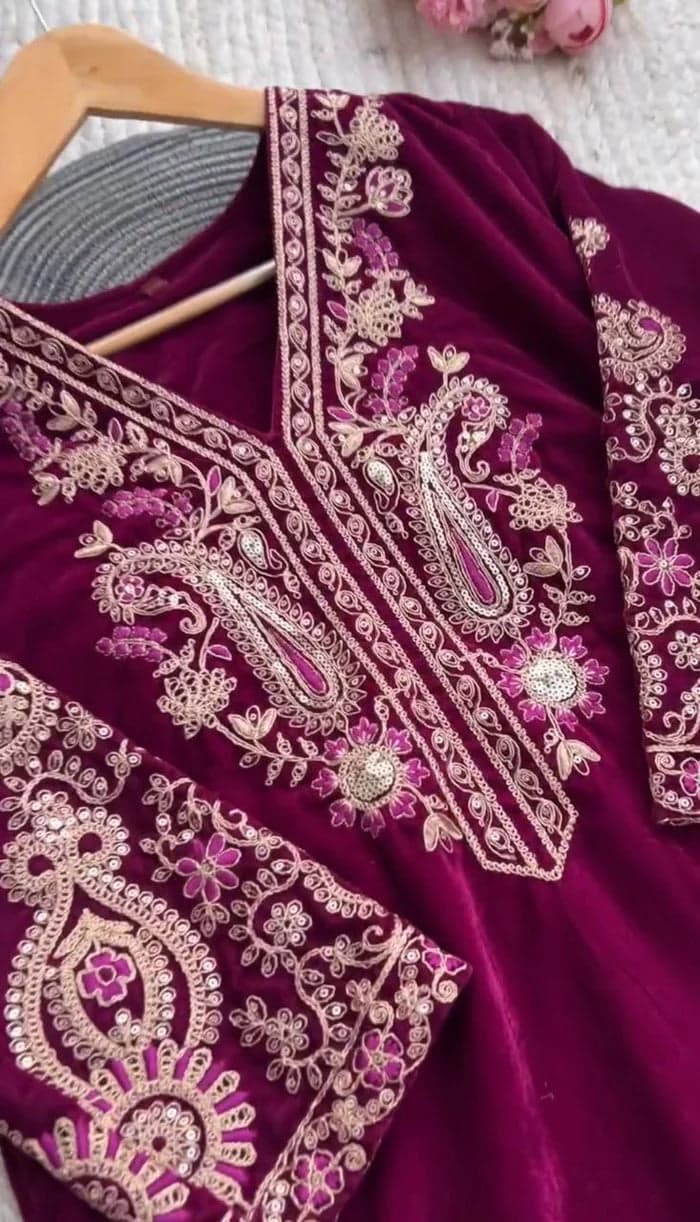 Deep wine Color Pure Velvet Suit For This Winter thumbnail 2