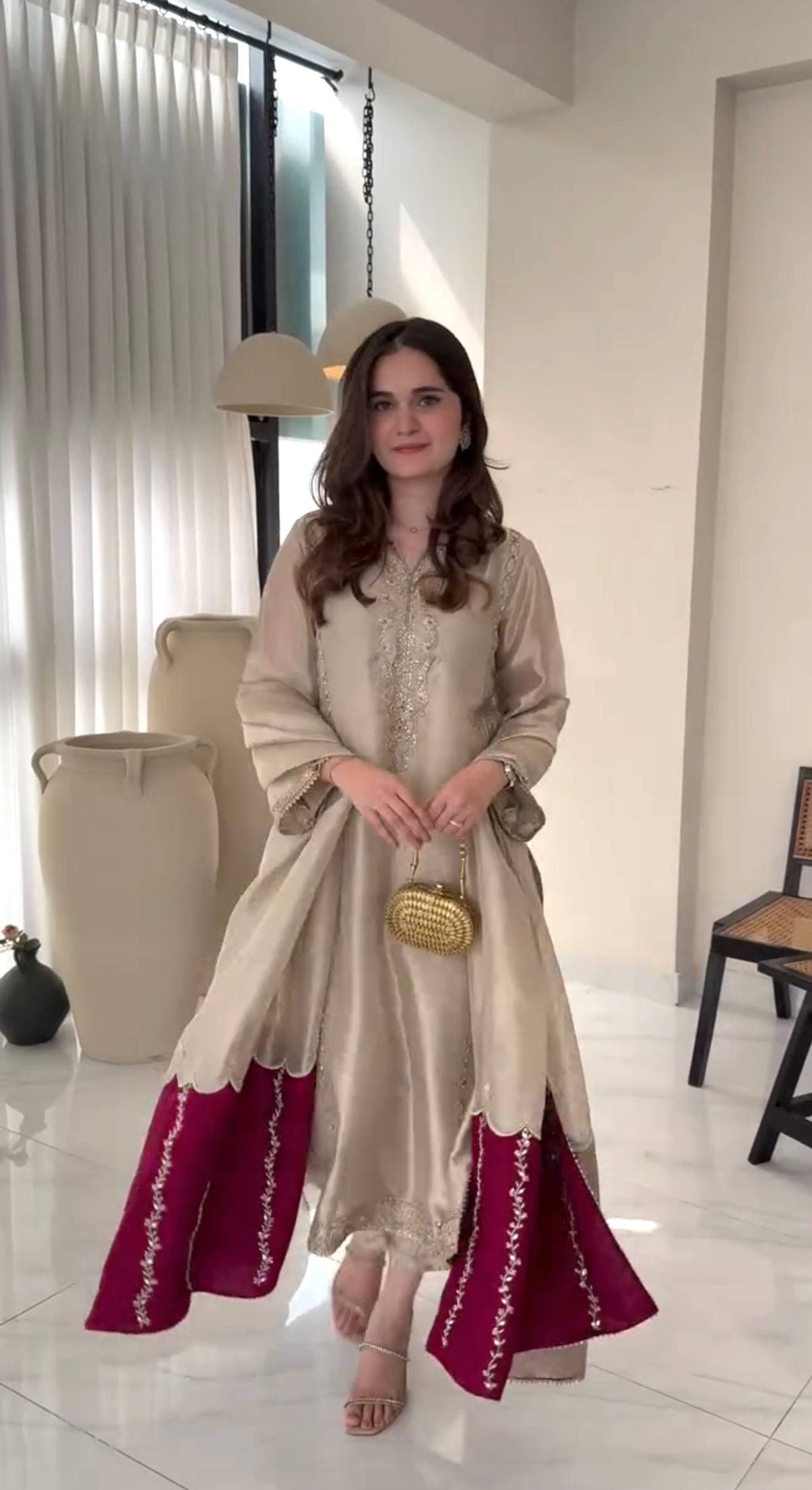 Ivory Embroidered Kurta with Wine Flared Palazzo