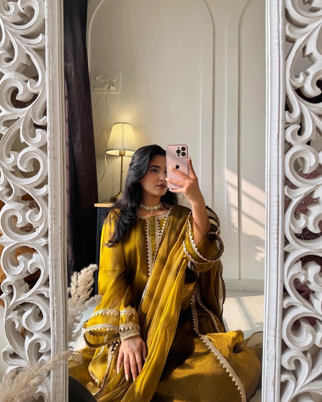 Mustard Organza Kurta Set with Embroidered Neckline & Dupatta – Elegant Festive Wear thumbnail 2