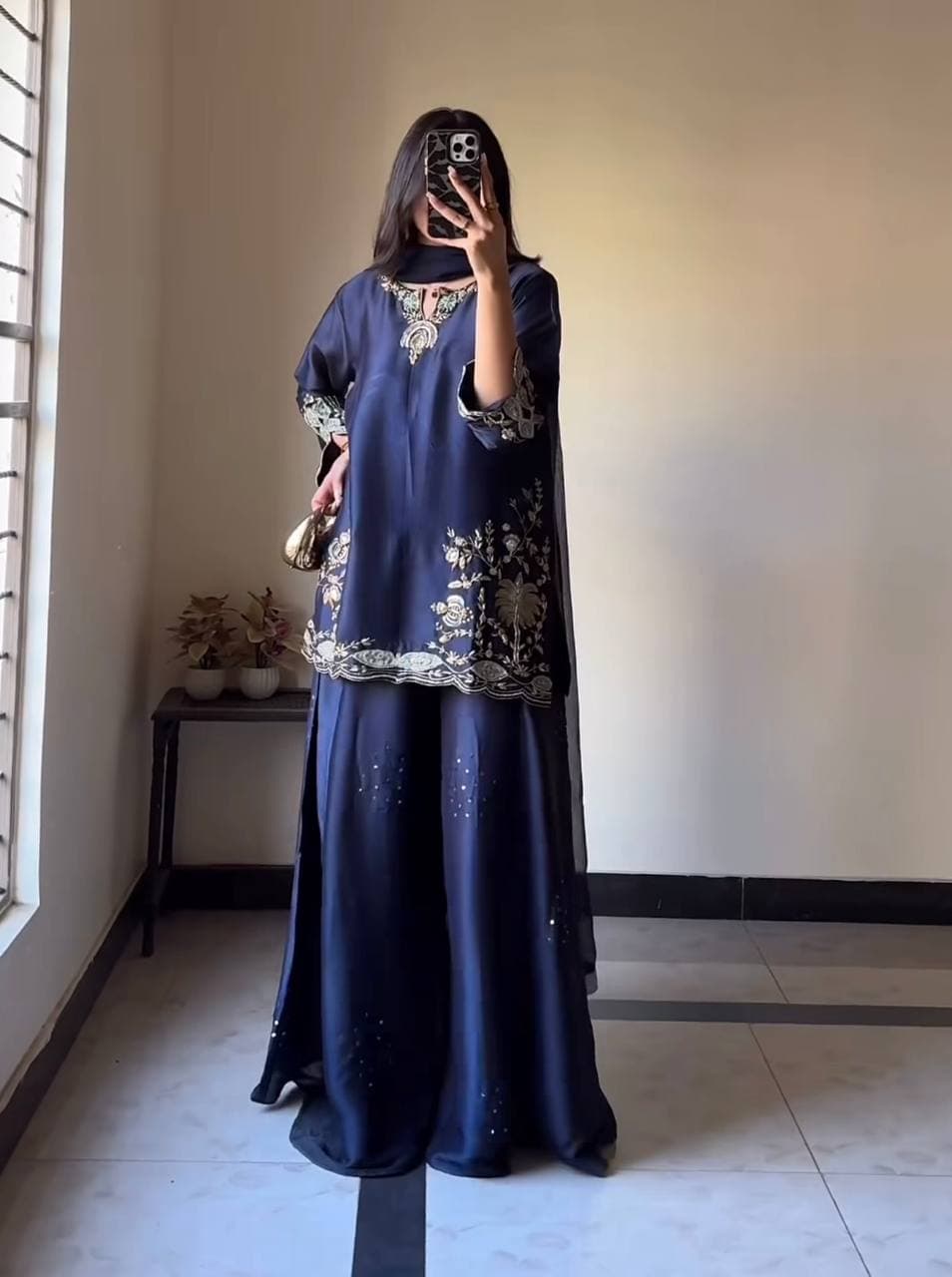 Elegant Midnight Blue Ethnic Kurta Palazzo Set thumbnail 6