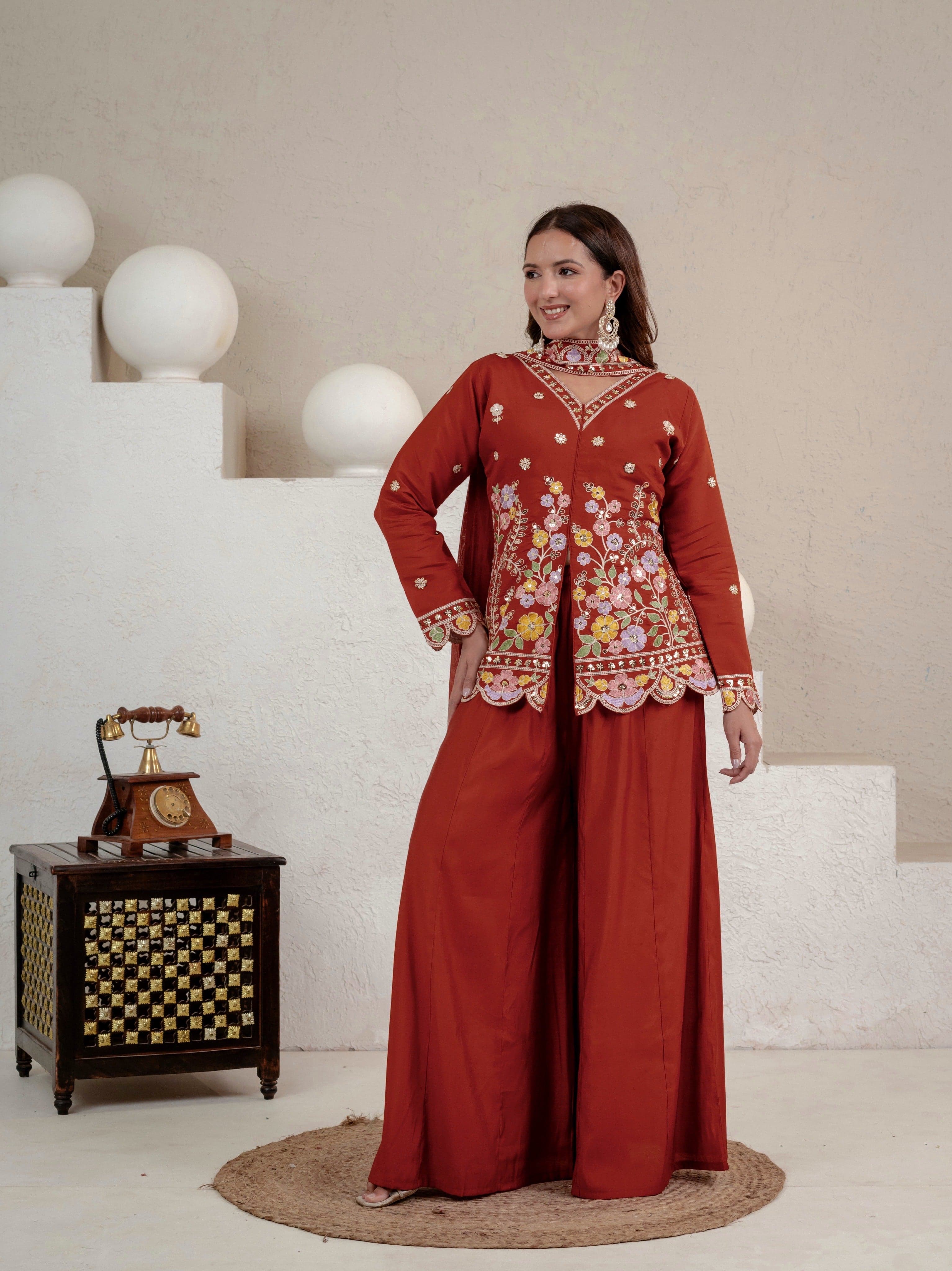 Women's Rust Floral Embroidered Roman Silk Straight Kurti with Palazzo Se thumbnail 5