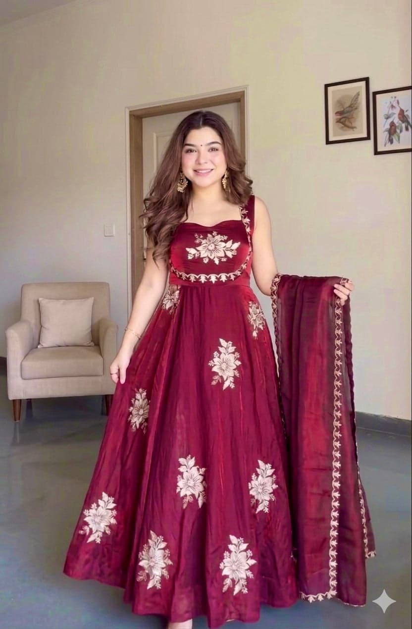 Maroon Anarkali Style Floral Embroidered Silk Anarkali Set