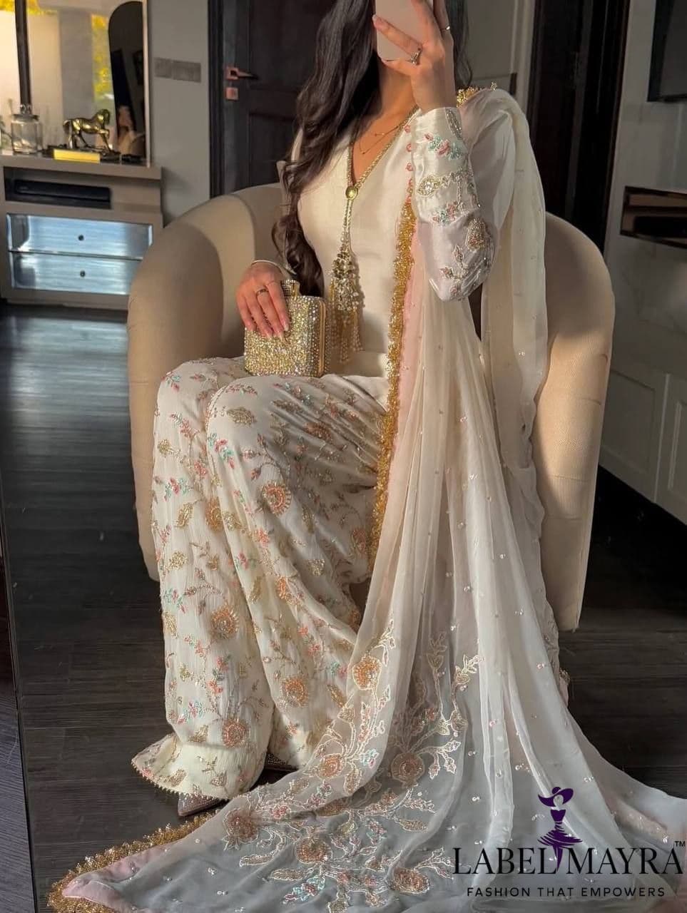 Elegant  Ofwhite Punjabi Suit with Floral Plazzo Set thumbnail 3