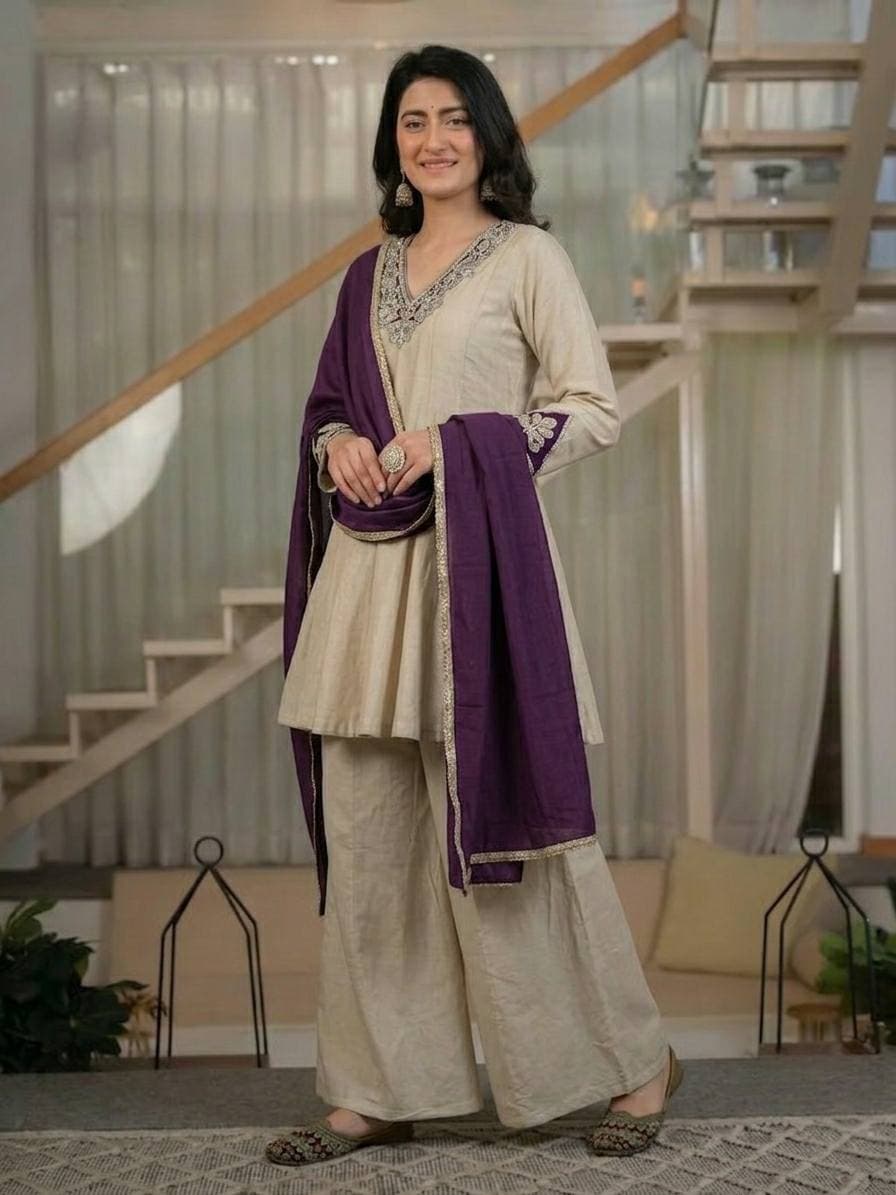 Women's Ivory Beige Designer Kurta Palazzo Set with Purple Dupatta thumbnail 4