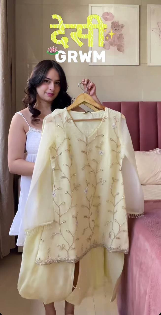 Ivory Cream Fendy Silk Handwork Kurta Set with Palazzo & Dupatta thumbnail 4