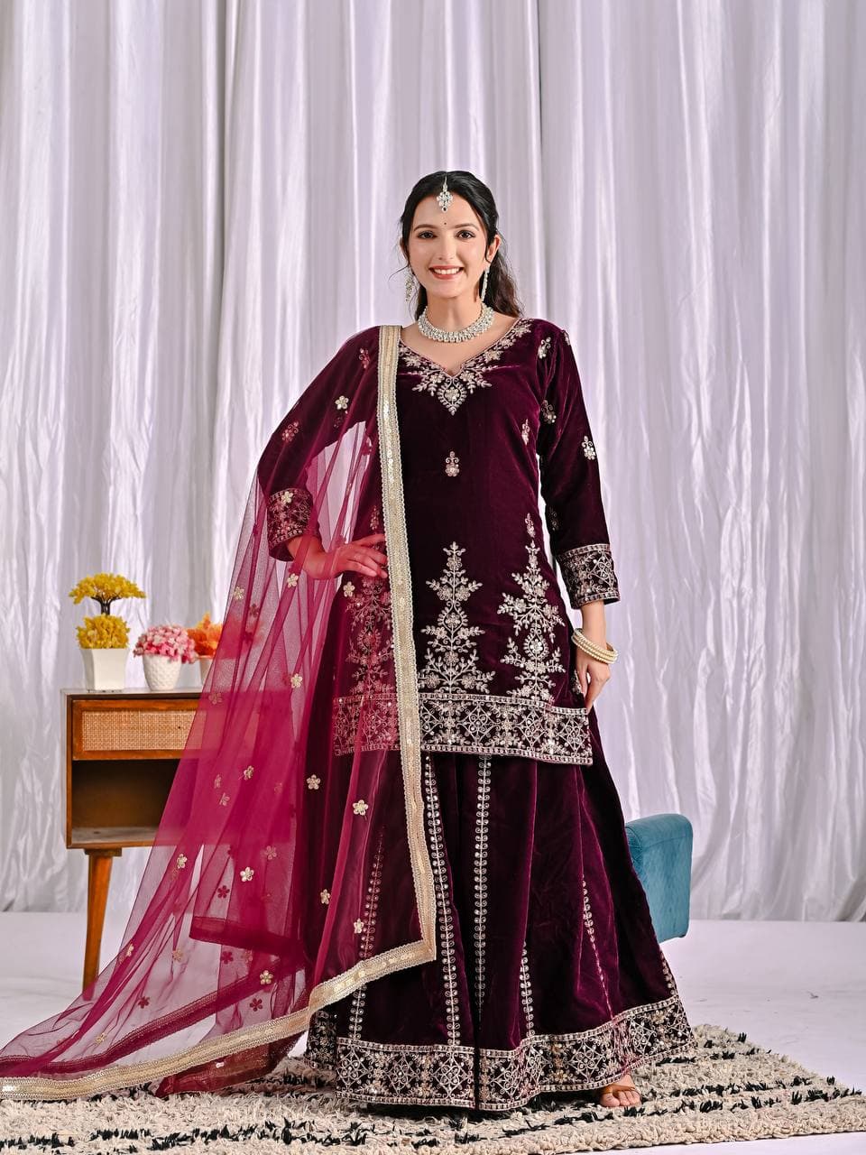 Luxury Maroon Velvet Sharara Set with Exquisite Embroidery thumbnail 5