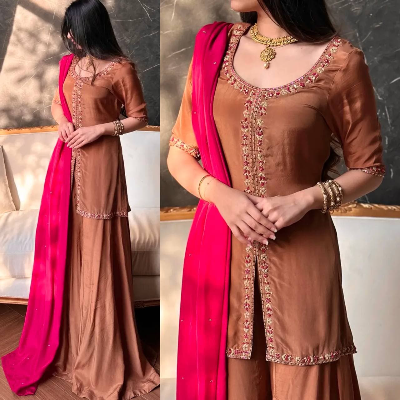 Graceful Brown Party Wear Sharara Set with Contrast Dupatta