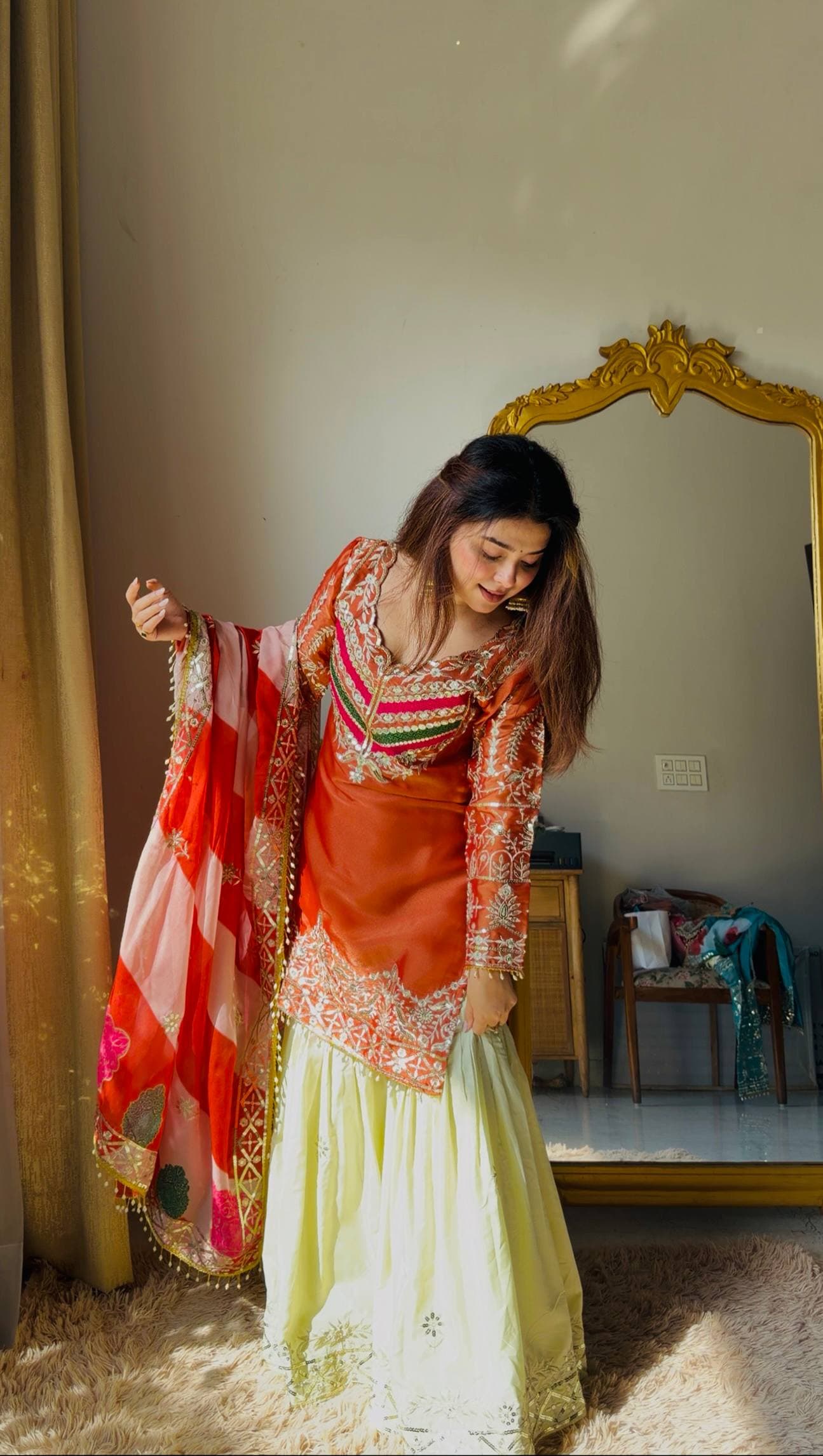 Royal Teal Kurti with Flowing Sharara & Designer Dupatta
