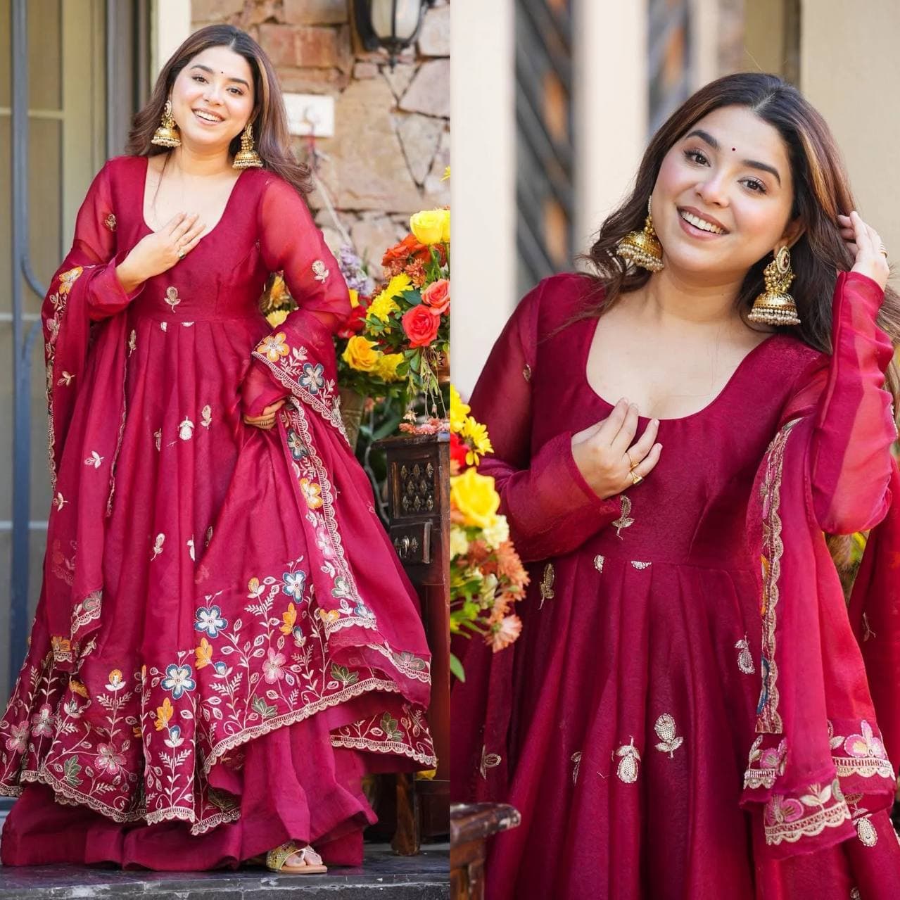 Elegant Maroon Anarkali with Organza Dupatta thumbnail 2