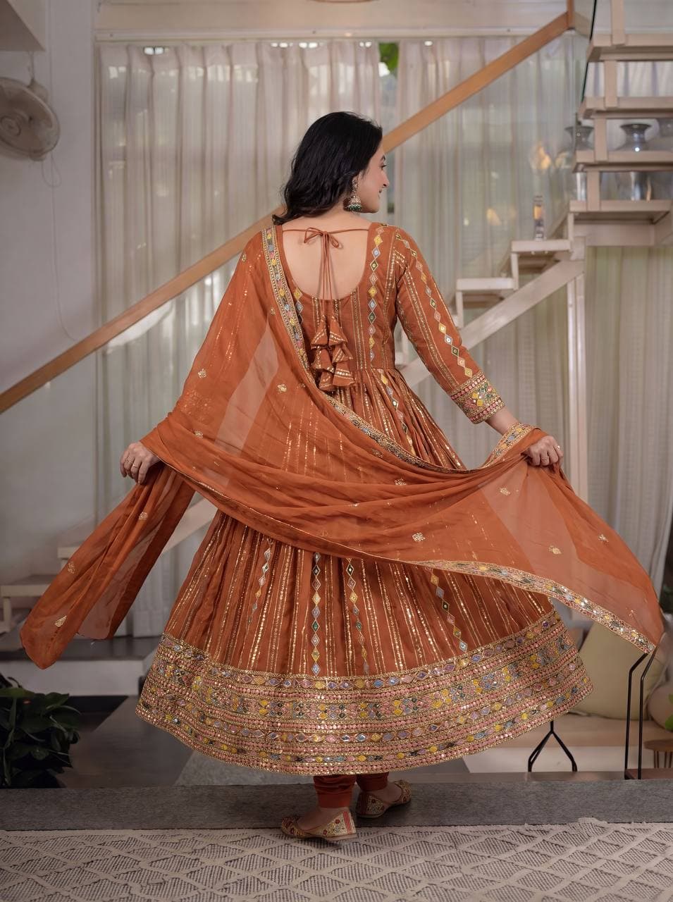 Women's Rust Orange Blend Anarkali Gown Set with Dupatta thumbnail 5