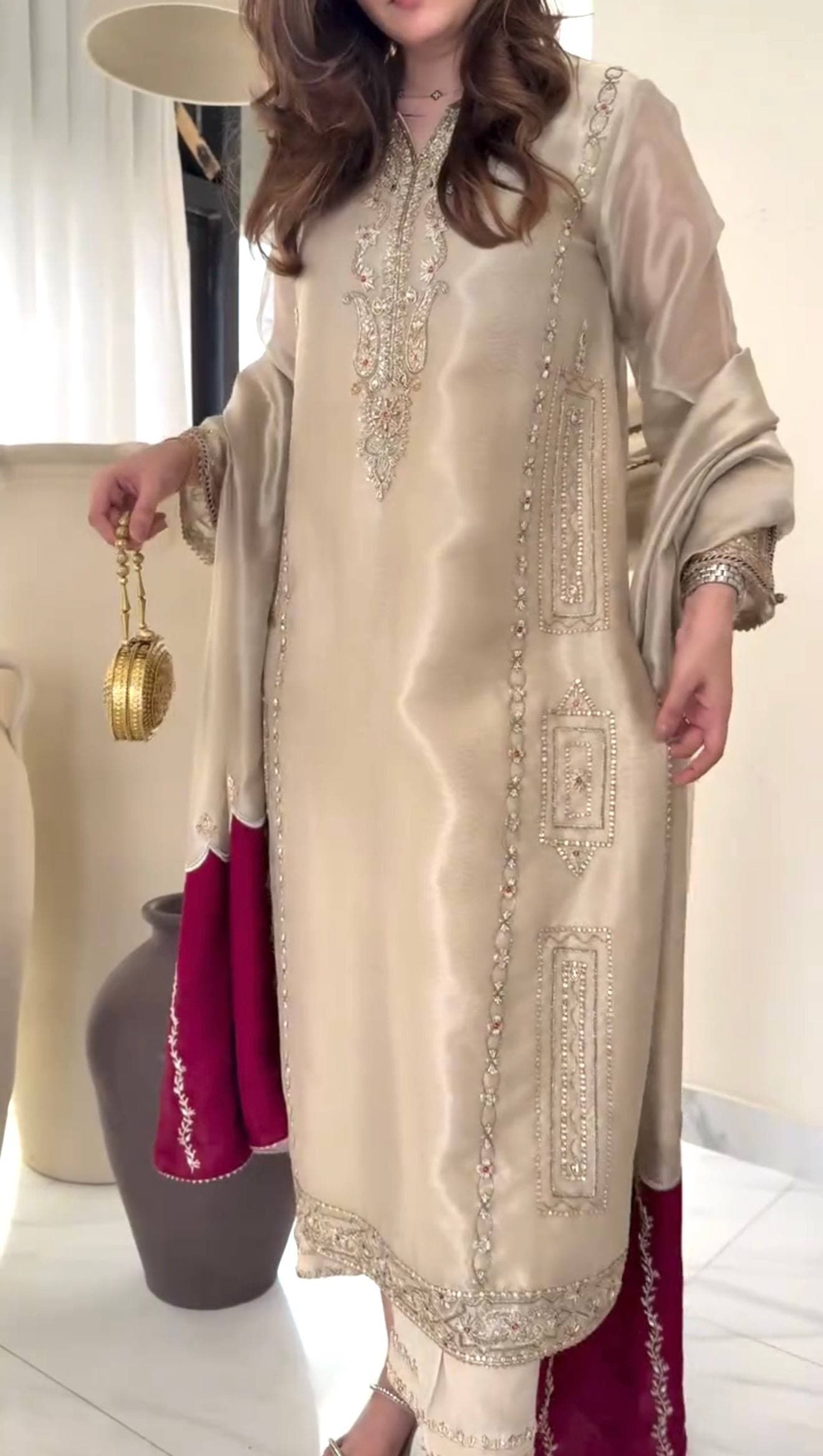 Ivory Embroidered Kurta with Wine Flared Palazzo thumbnail 5