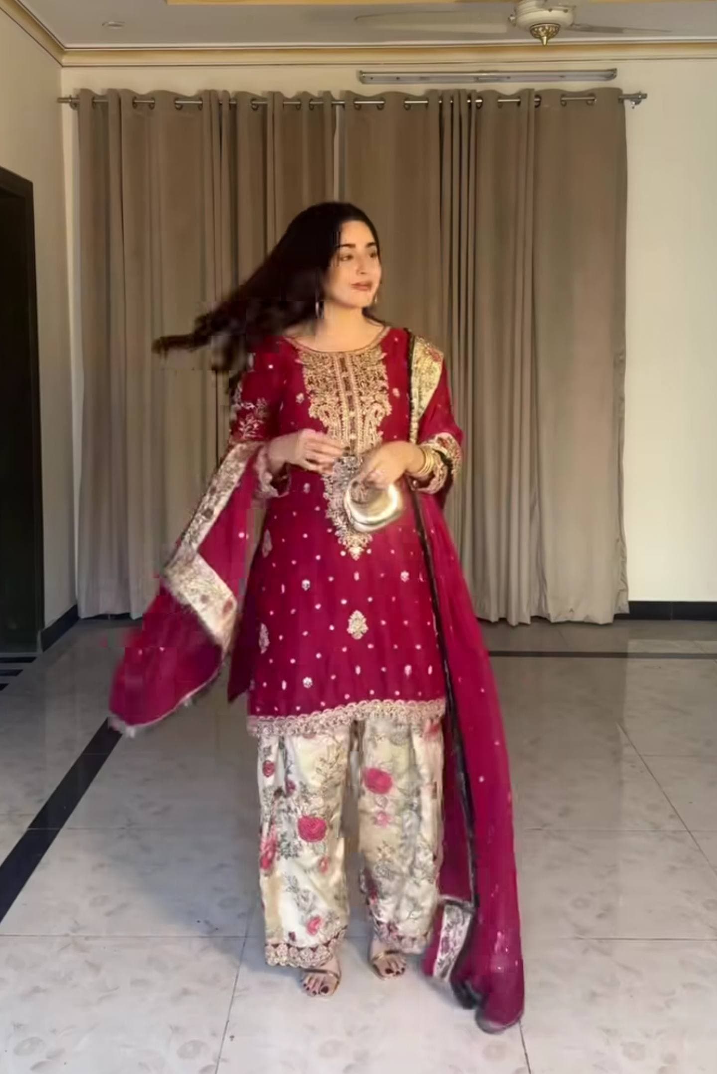 Royal Red Embroidered Kurta with Floral Palazzo Set thumbnail 4