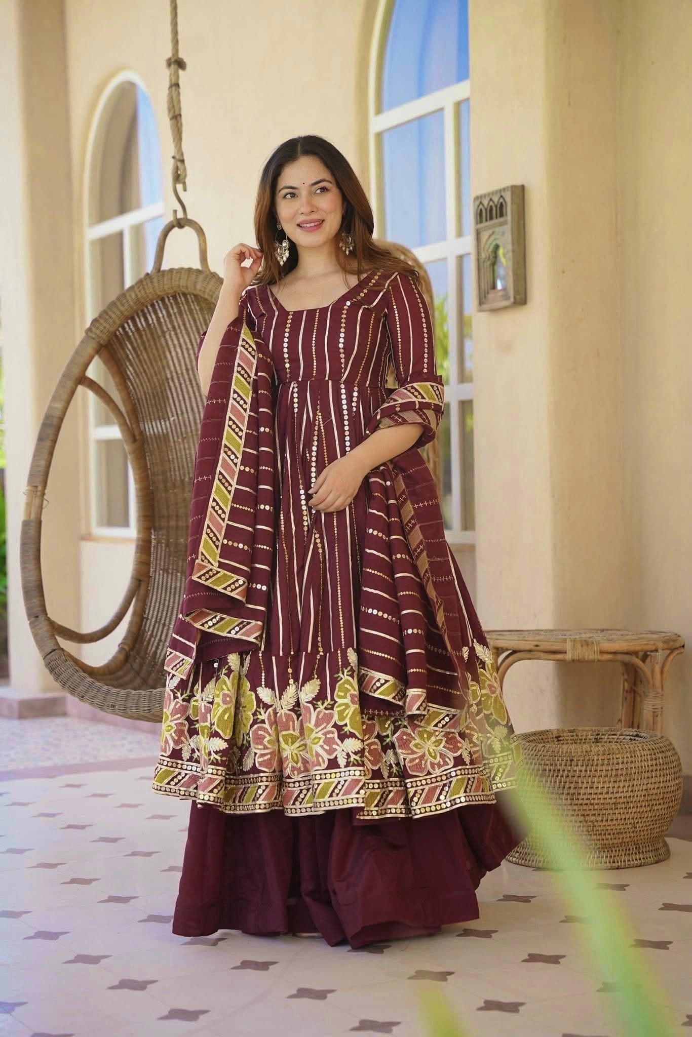 Wine Purple Floral Embroidered Cotton Anarkali Kurta with Palazzo & Striped Dupatta thumbnail 7