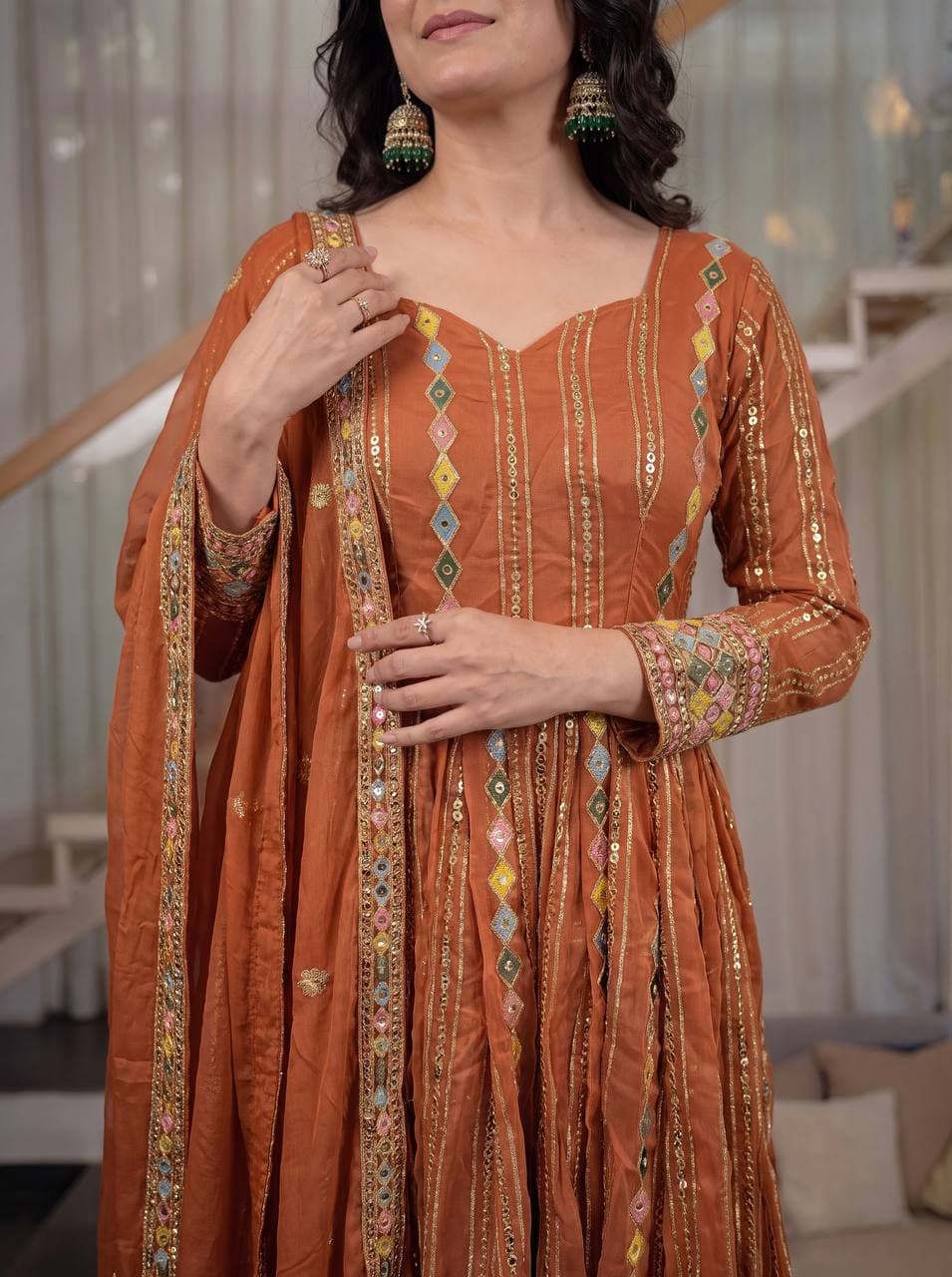 Women's Rust Orange Blend Anarkali Gown Set with Dupatta thumbnail 6