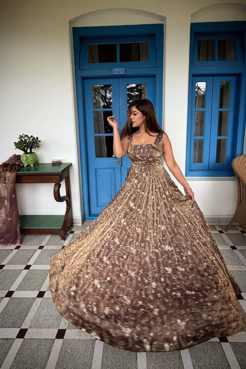 Women's Chocolate Brown Heavy Sequin Embroidered Net Flared Party Gown thumbnail 2