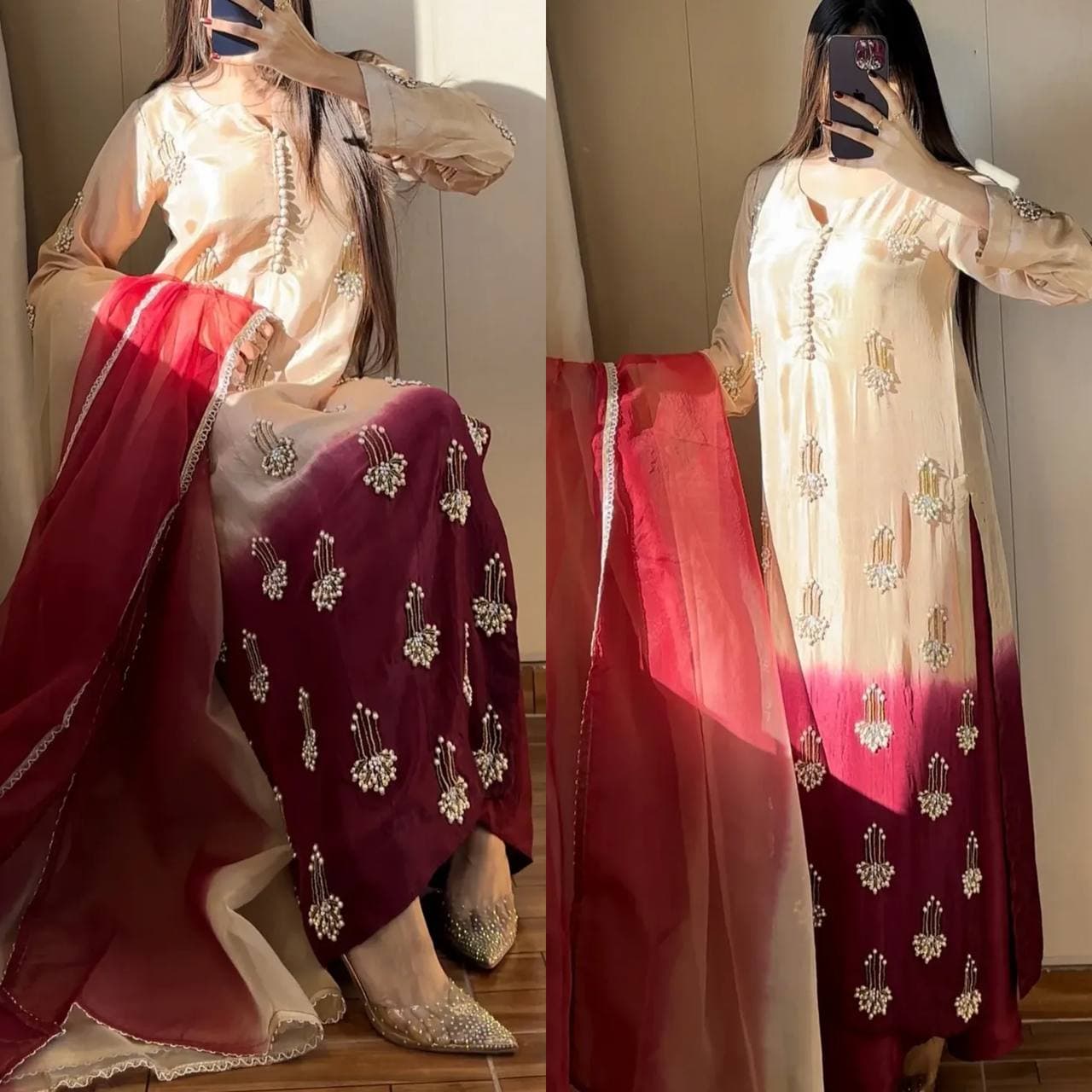 Graceful ethnic look with rich maroon dupatta and classy beige kurta vibes thumbnail 3
