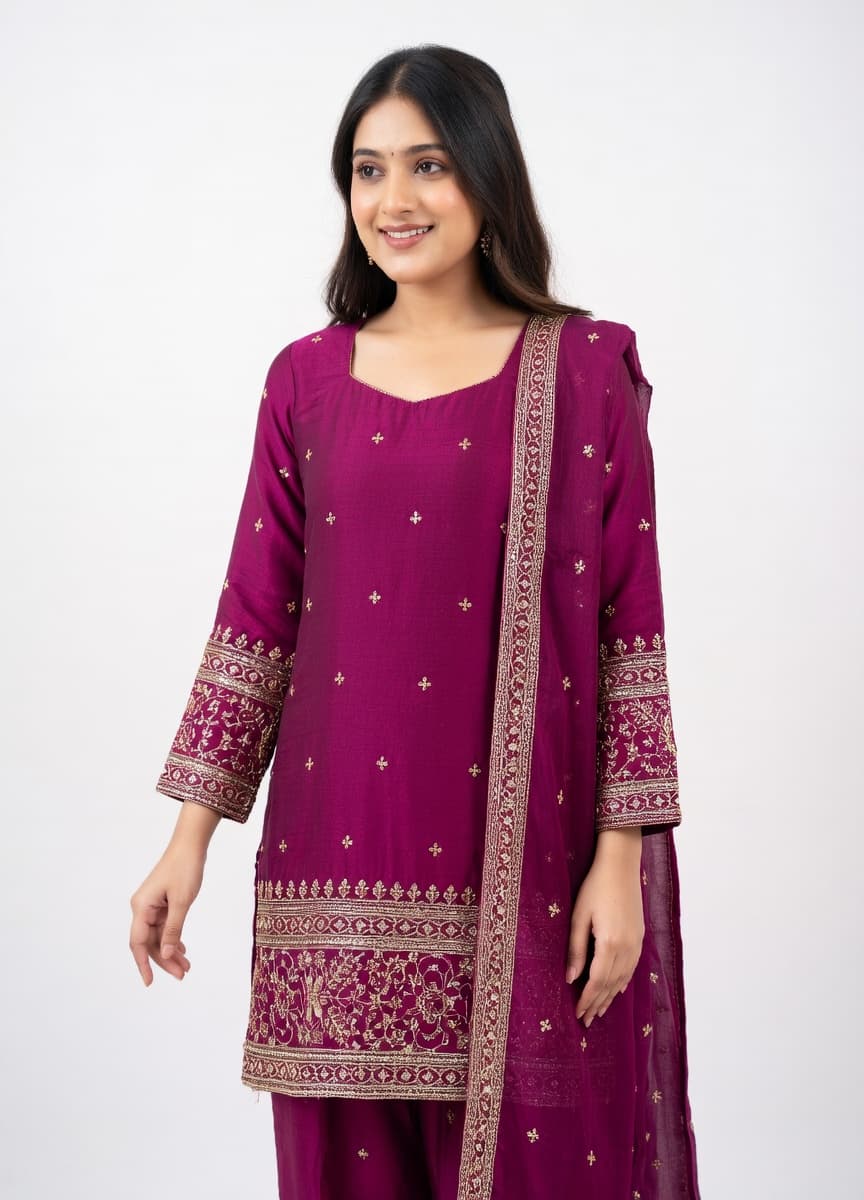 Kurties Designer Heavy Fendy Silk Kurta Set with Embroidered Dupatta & Farshi Shalwar - Elegant Zari & Sequin Work | Roman Silk 2.2m Dupatta | Perfect for Weddings & Festive Occasions