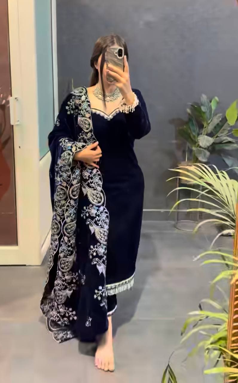 Luxury Maroon Velvet Embroidery Ensemble