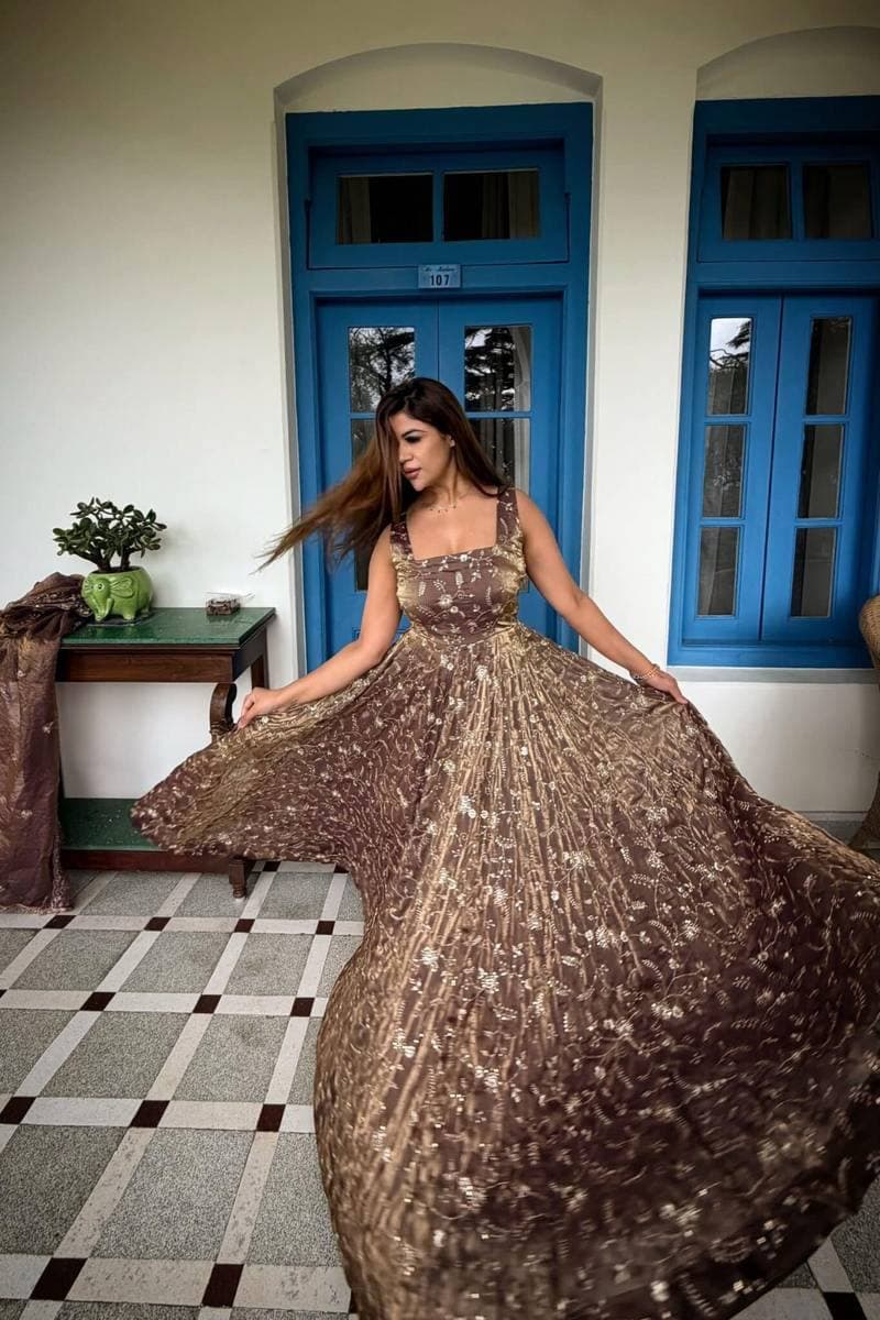 Women's Chocolate Brown Heavy Sequin Embroidered Net Flared Party Gown thumbnail 3