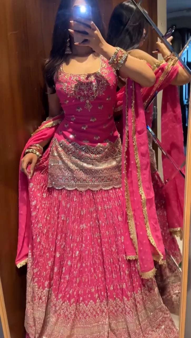 Rani Pink Heavy Embroidered Lehenga Choli Set with Dupatta thumbnail 4