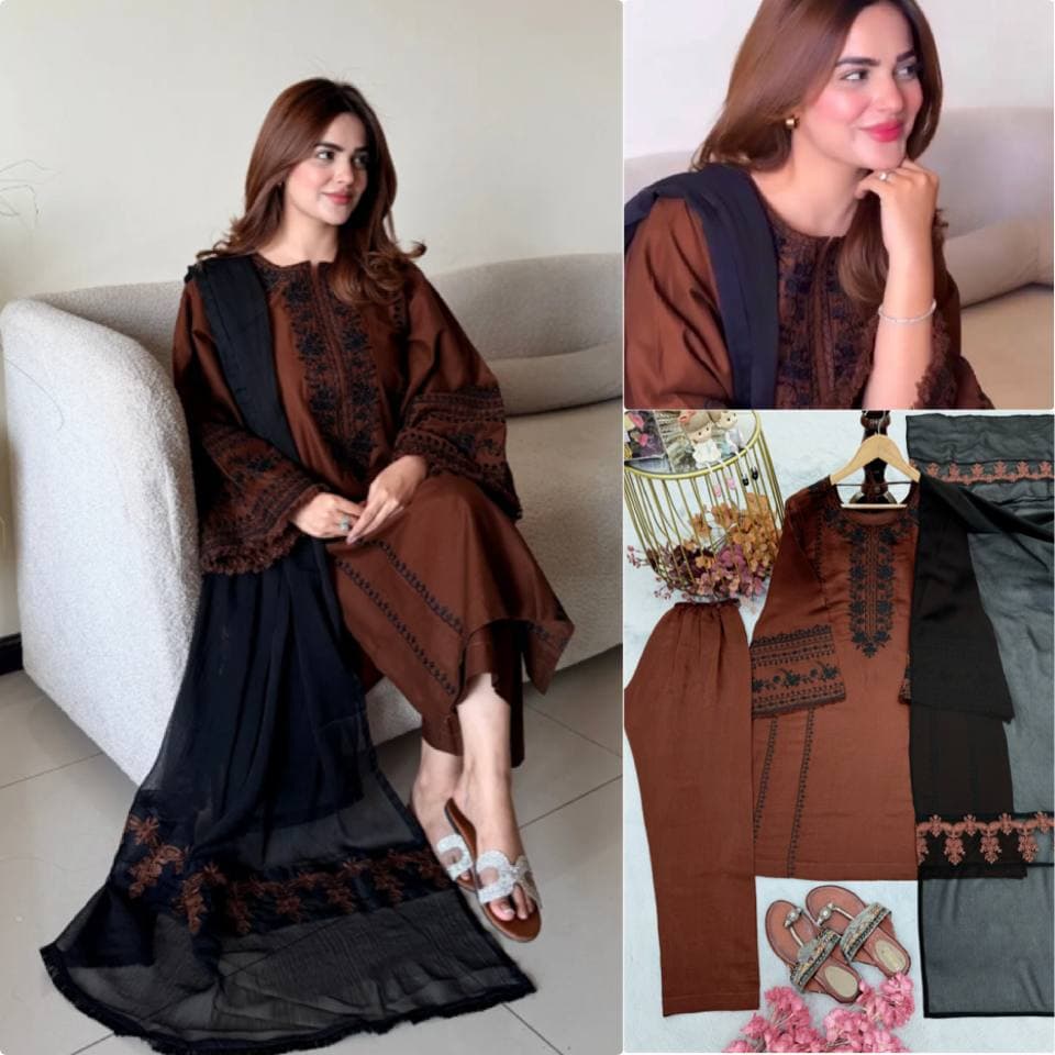 Women's Coffee Brown Embroidered Straight Kurta Set with Black Dupatta & Straight Pants thumbnail 7