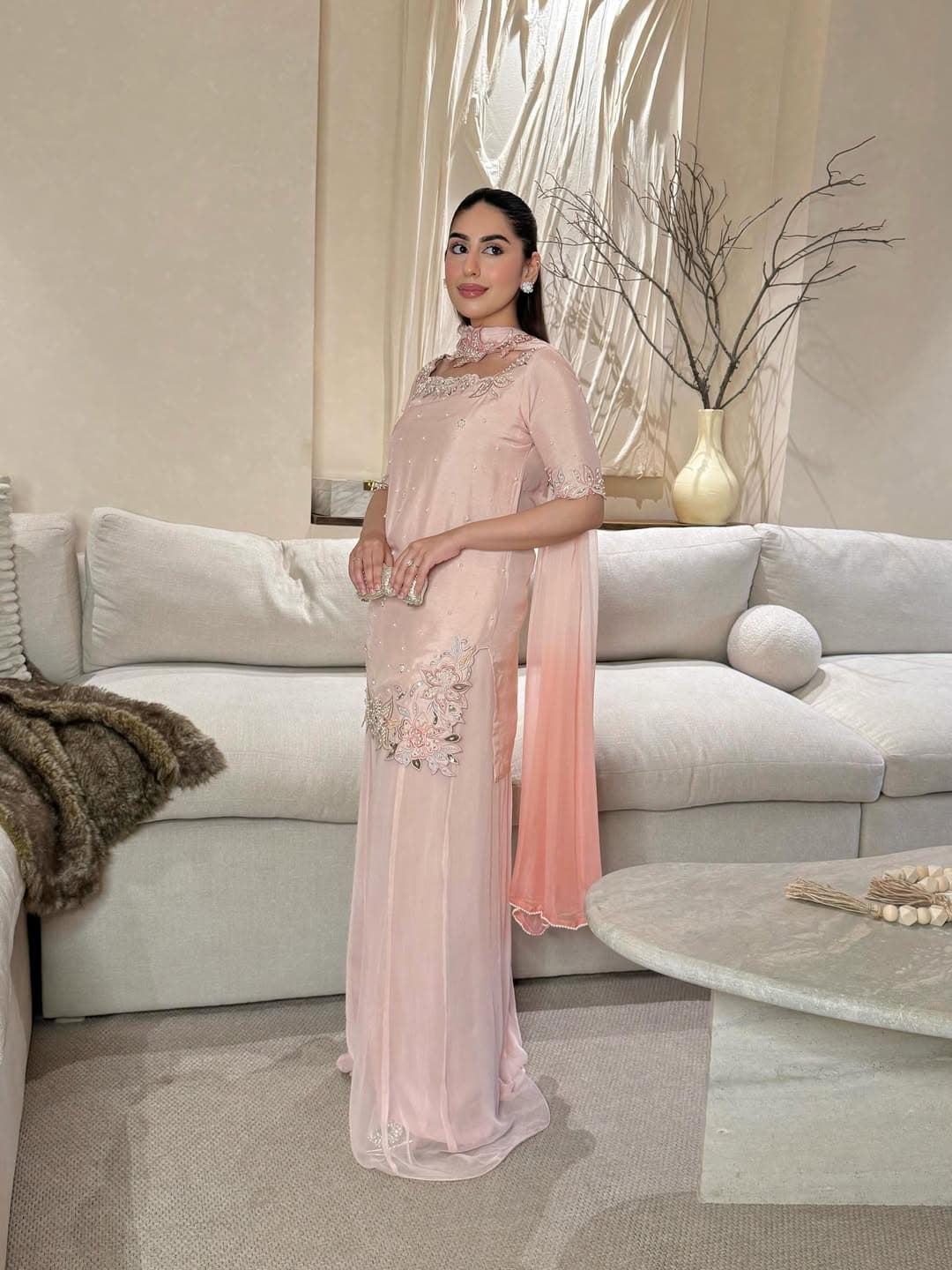 Blush Pink Heavy Floral Embroidered Georgette Straight Suit with Soft Dupatta thumbnail 4