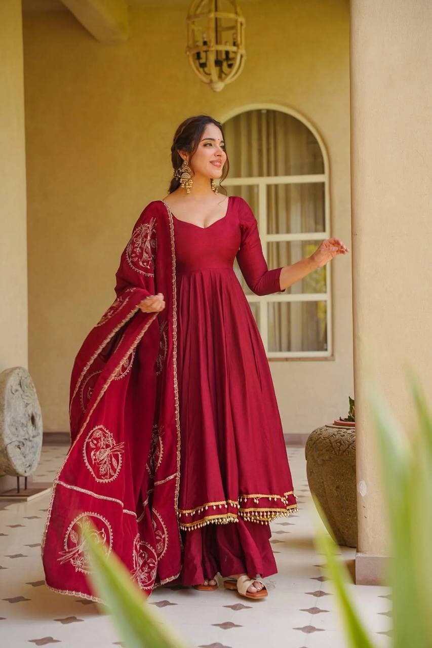 Designer Maroon Muslin Anarkali Suit Set with Dupatta for Women thumbnail 6
