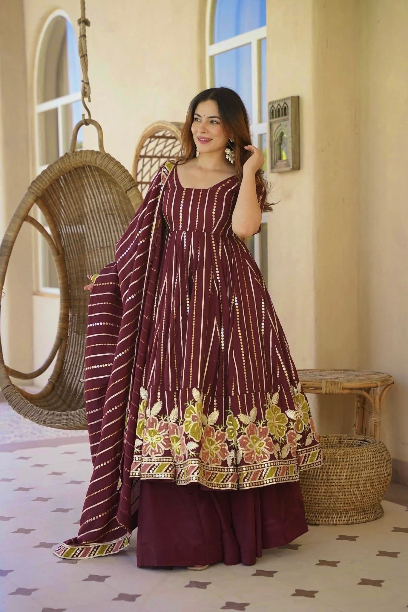 Wine Purple Floral Embroidered Cotton Anarkali Kurta with Palazzo & Striped Dupatta thumbnail 5