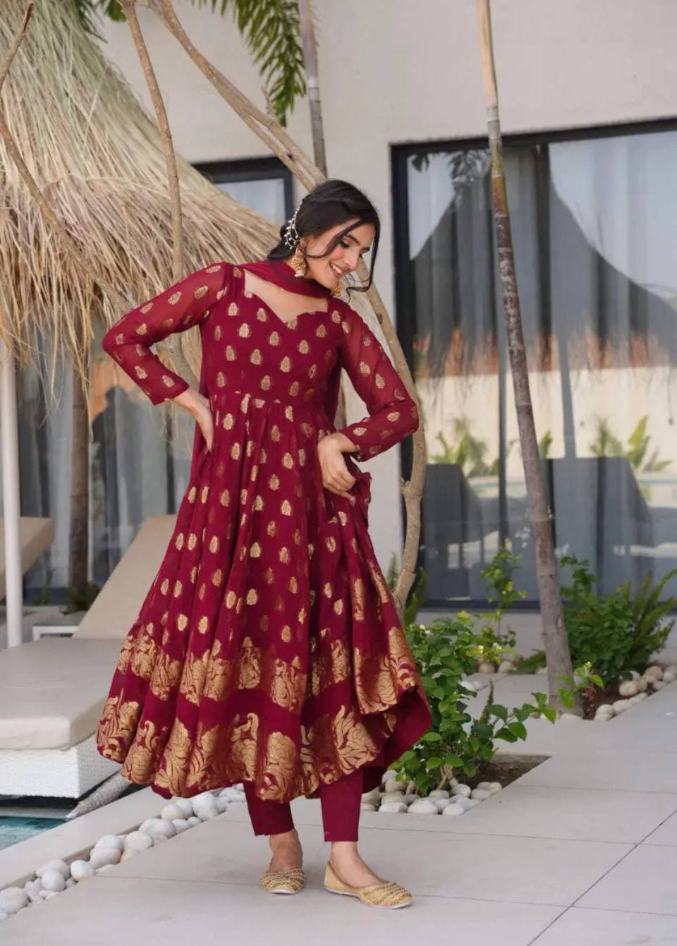 Luxurious Maroon Anarkali Suit with Intricate Embroidery thumbnail 2