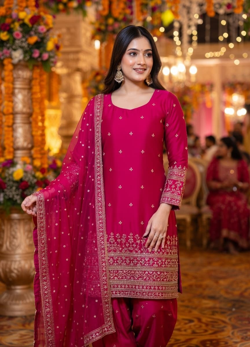 Kurties Designer Heavy Fendy Silk Kurta Set with Embroidered Dupatta & Farshi Shalwar - Elegant Zari & Sequin Work | Roman Silk 2.2m Dupatta | Perfect for Weddings & Festive Occasions thumbnail 5