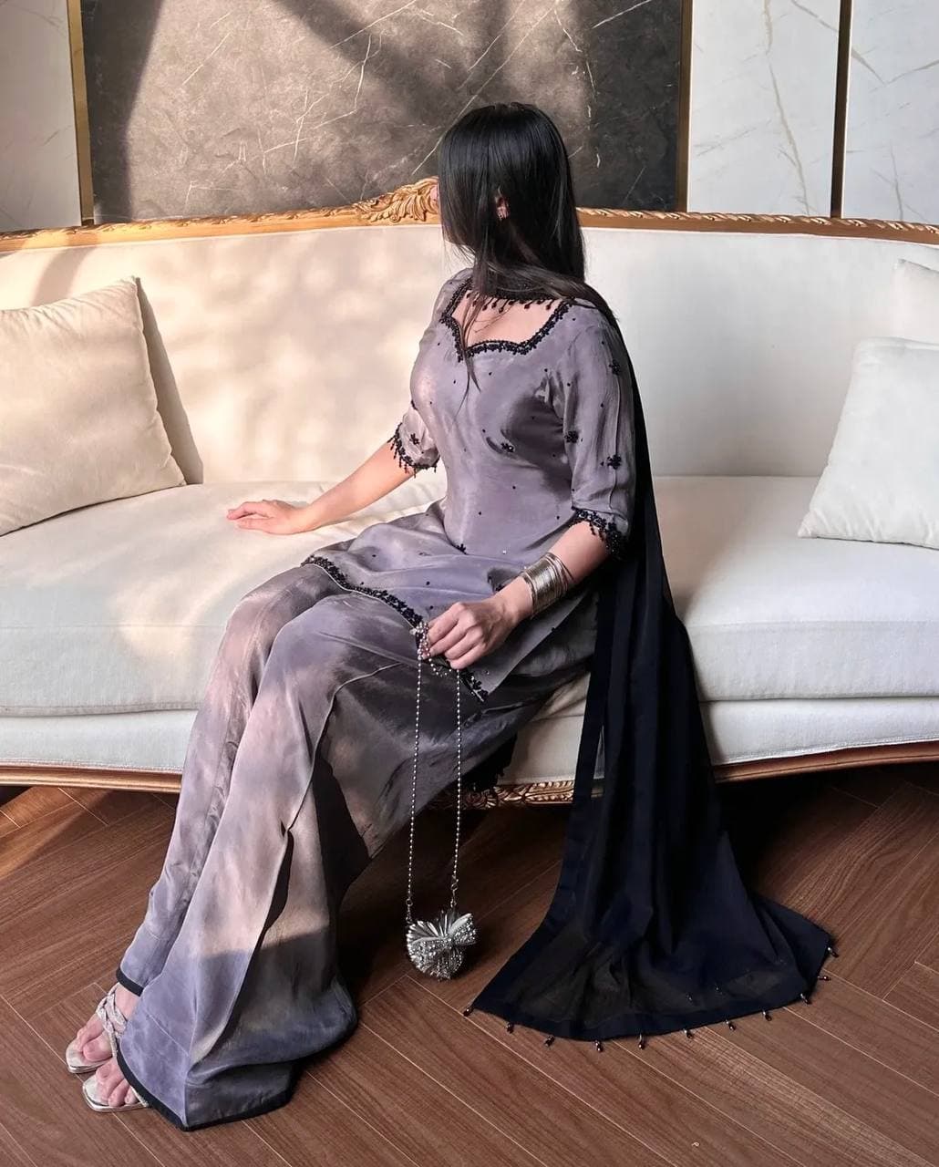 Luxury Grey Party Wear Kurta Palazzo Set with Beautiful Hand Embroidery thumbnail 4