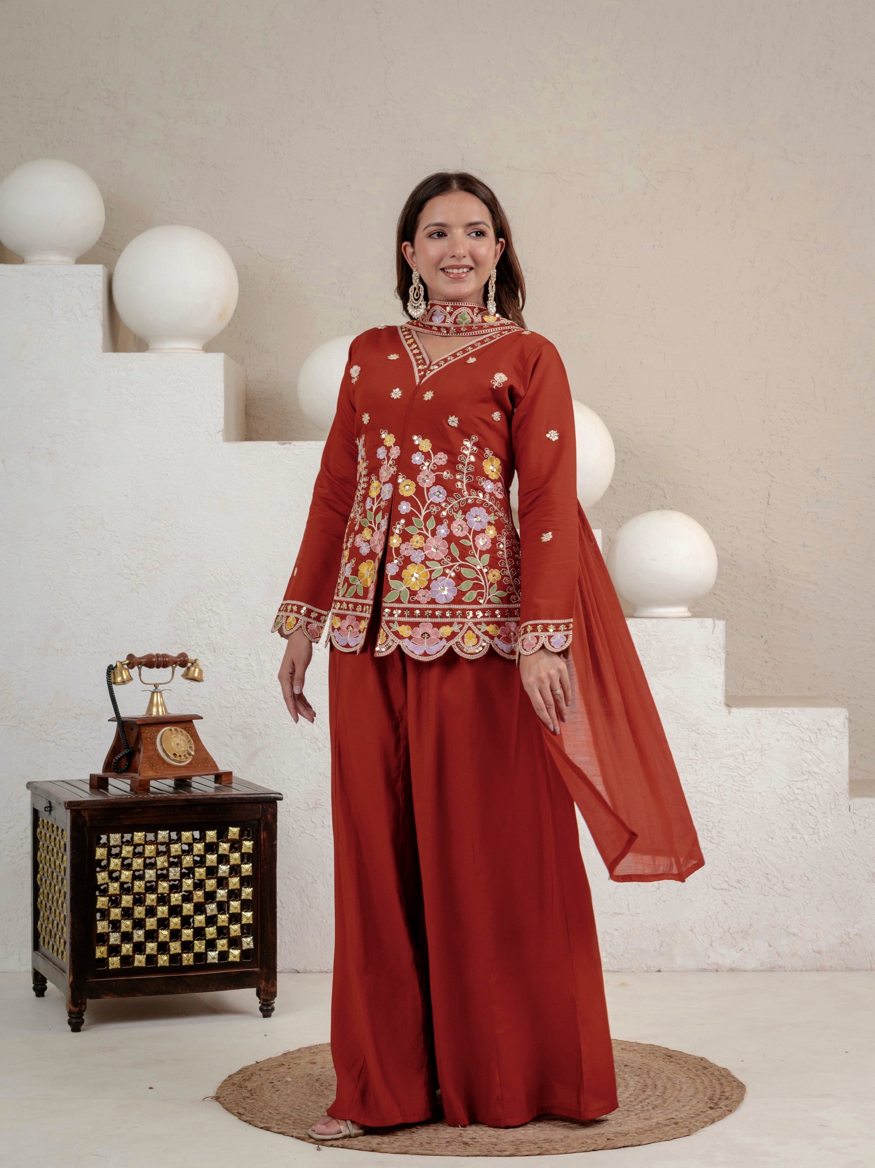 Women's Rust Floral Embroidered Roman Silk Straight Kurti with Palazzo Se thumbnail 7
